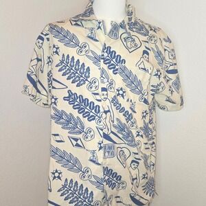 Mami Wata Mens L Button Up Shirt Blue White Graphic Print 100% Cotton Surf